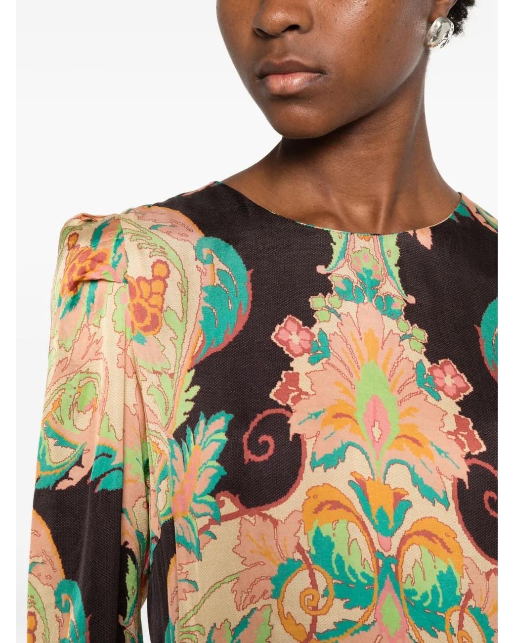 PHILIPPA 1970 Metallic Baroque-Pattern Puff-Shoulder Maxi Dress
