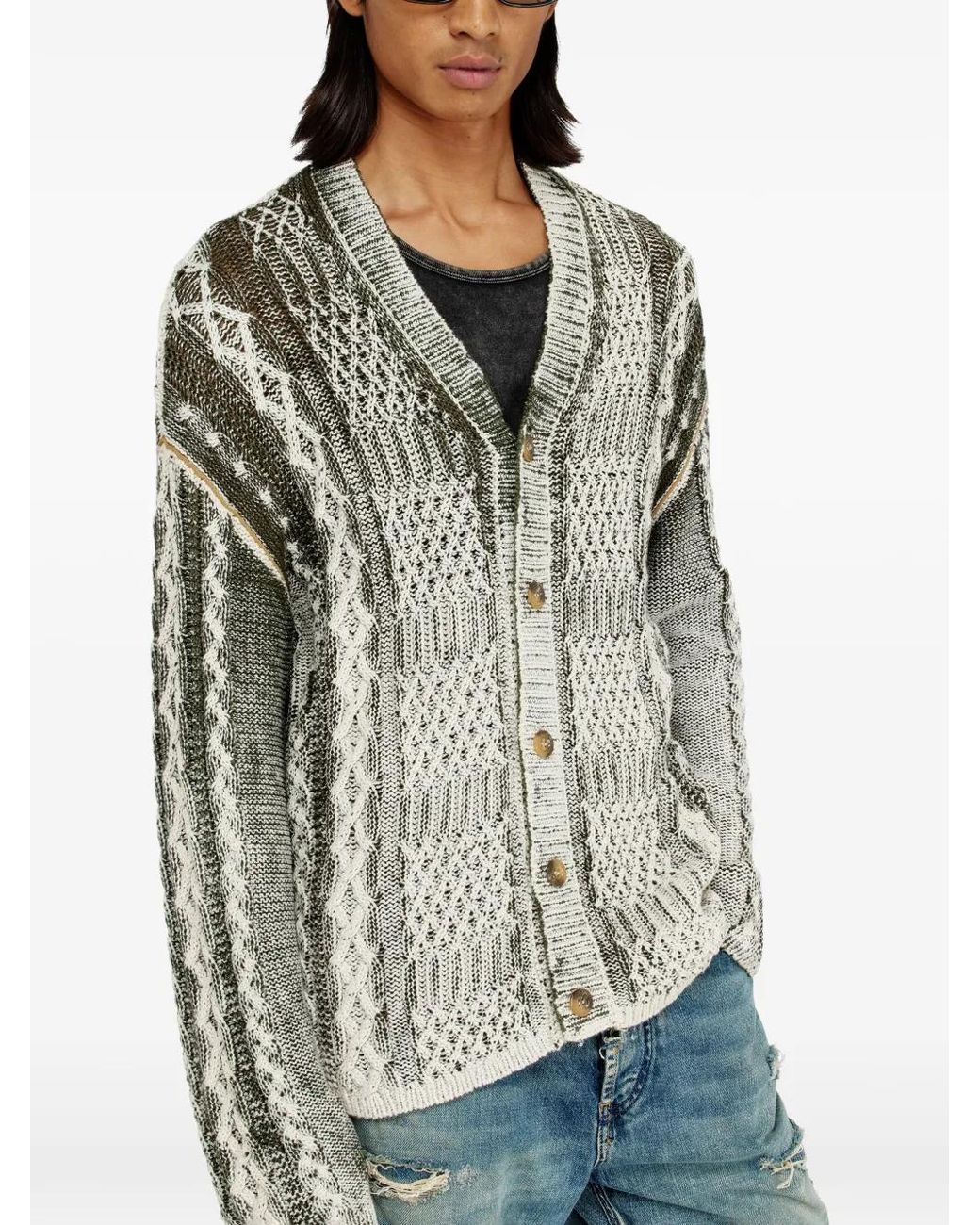 DIESEL Green Treated Cable-Knit Cardigan for men