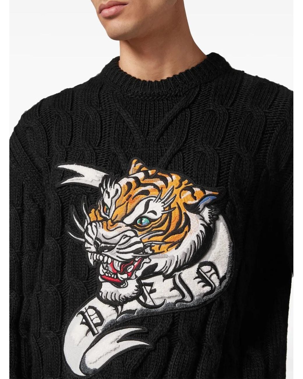 Philipp Plein Black Tiger-Appliqué Wool Jumper for men