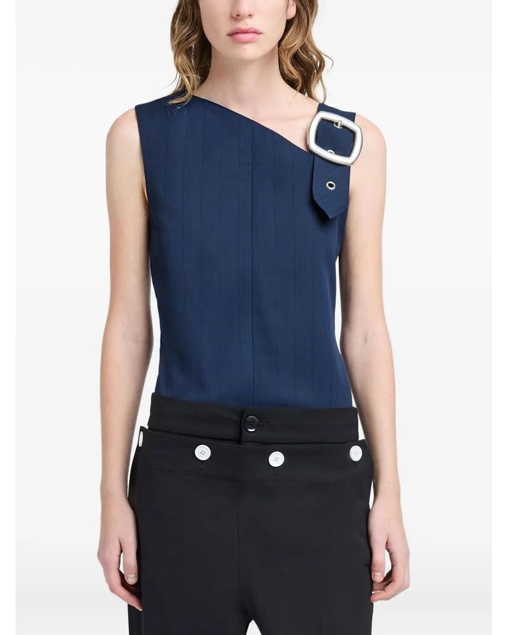 Proenza Schouler Blue Marin Asymmetric-Neckline Buckle Top