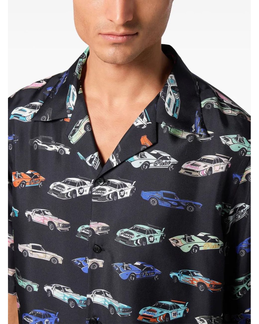 Philipp Plein Blue Silk Bowling Shirt Ss Cars Racing for men
