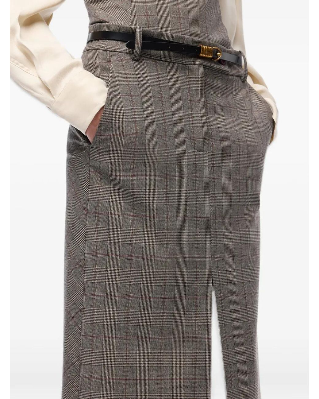 Pinko Gray Front Slit Plaid Midi Skirt With Tailored Fit
