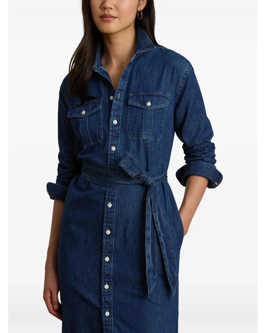 Ralph Lauren Blue Robe-Chemise Mi-Longue En Jean À Taille Ceinturée
