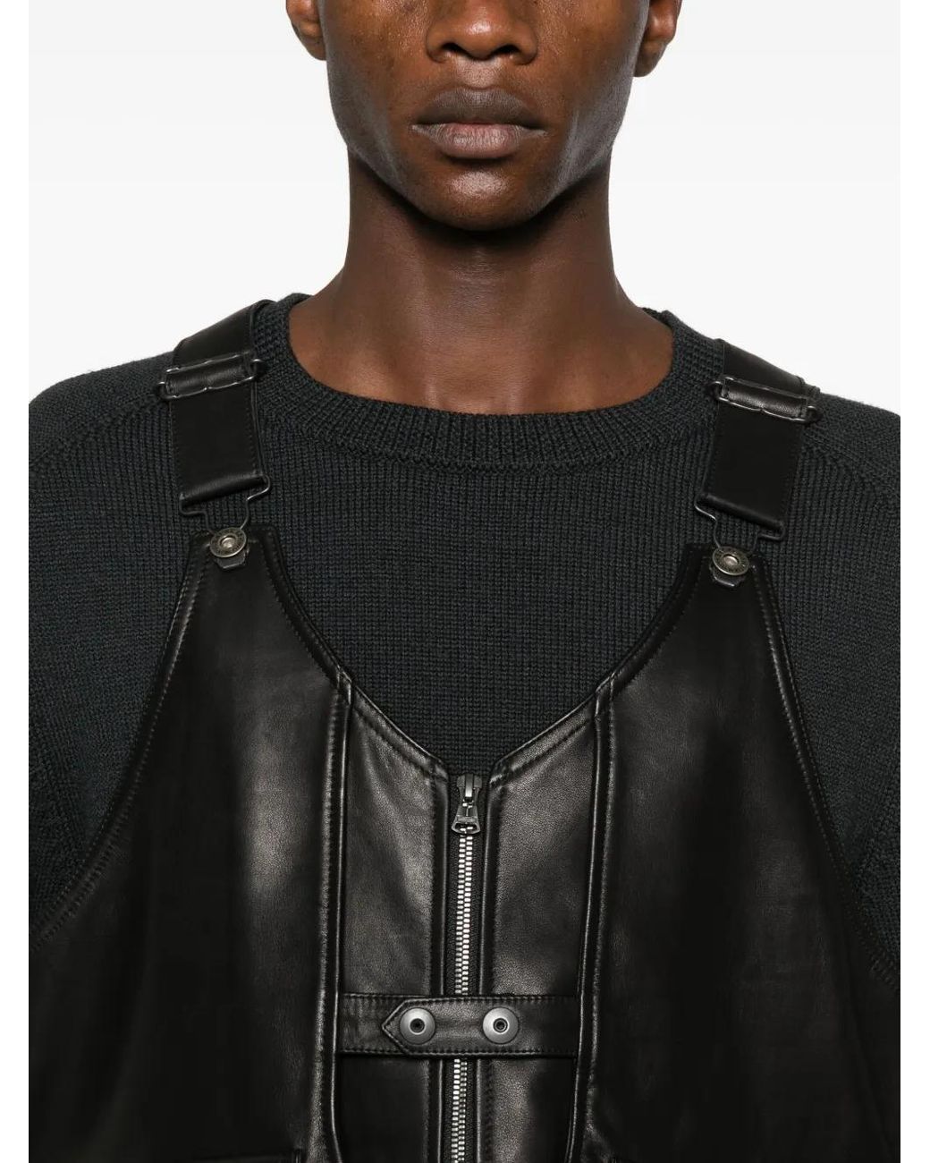 Yohji Yamamoto Black Pocketed Leather Waistcoat for men
