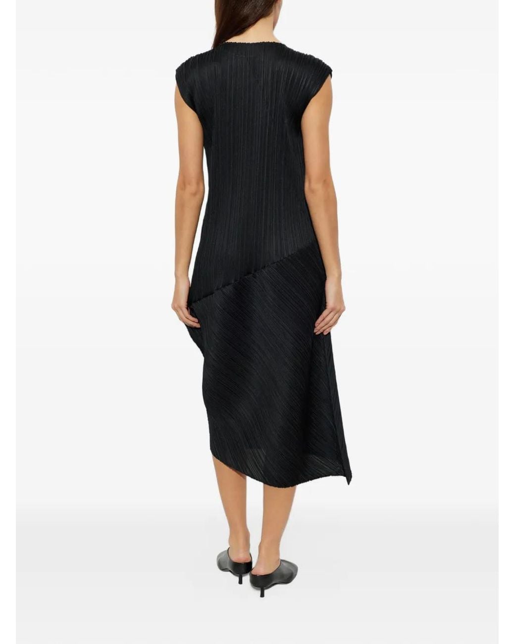 Pleats Please Issey Miyake Black Pleated Asymmetric-Hem Midi Dress