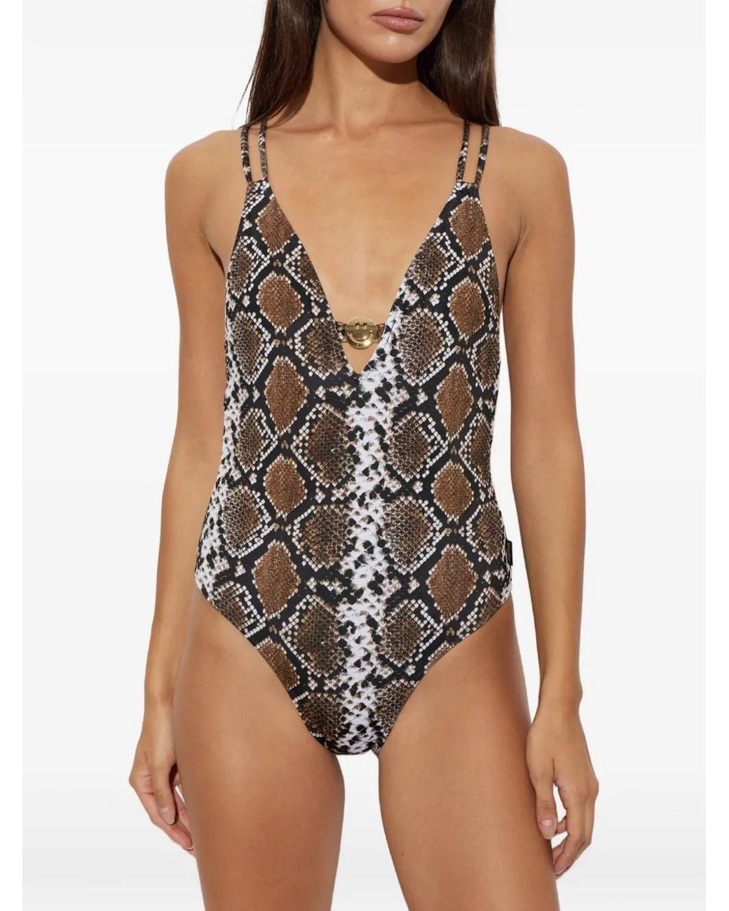 Moschino Brown X Smiley Snake-Print One-Piece Swimsuit