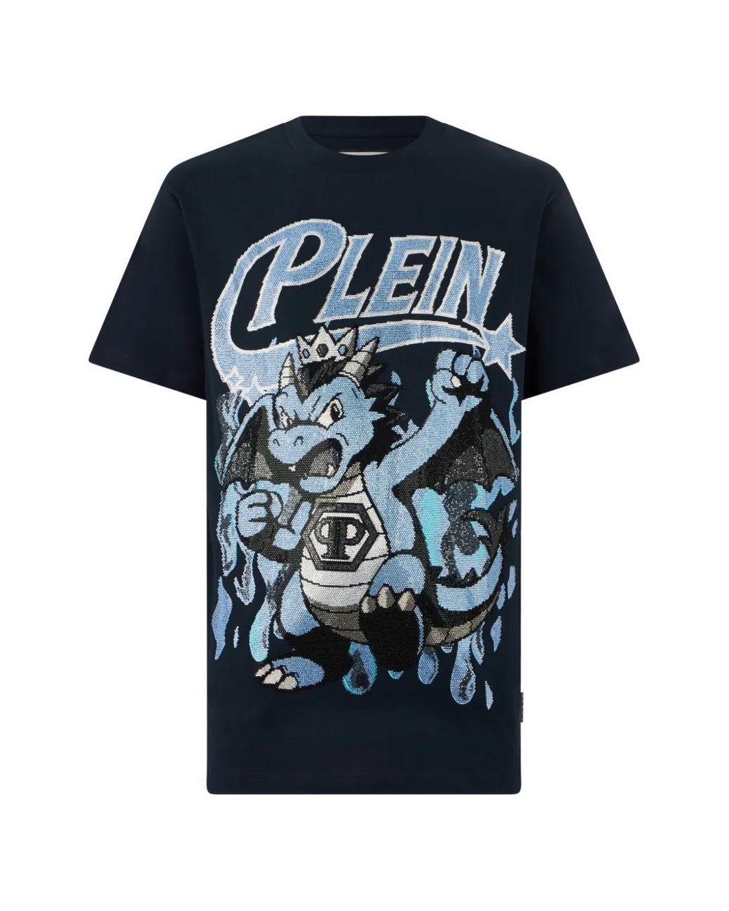 Philipp Plein Blue Round Neck T-Shirt Big Dragon Stones for men
