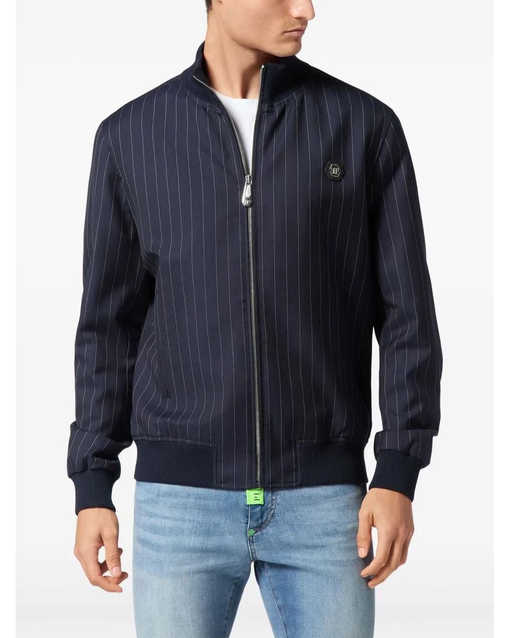 Philipp Plein Blue Pinstriped Bomber Jacket for men