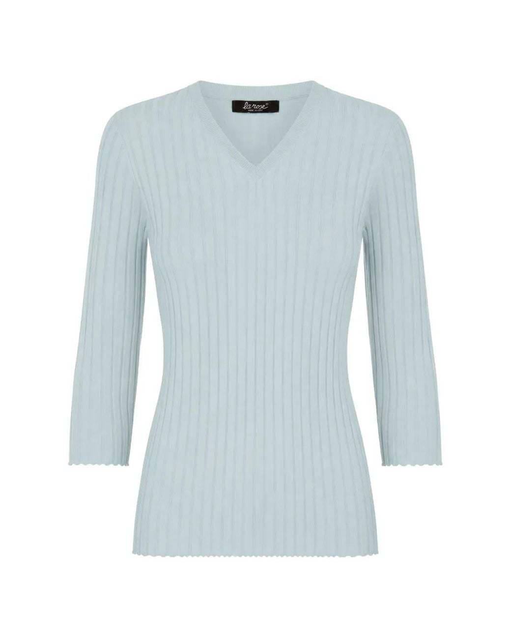 LA ROSE Blue Ribbed-Knit V-Neck Sweater