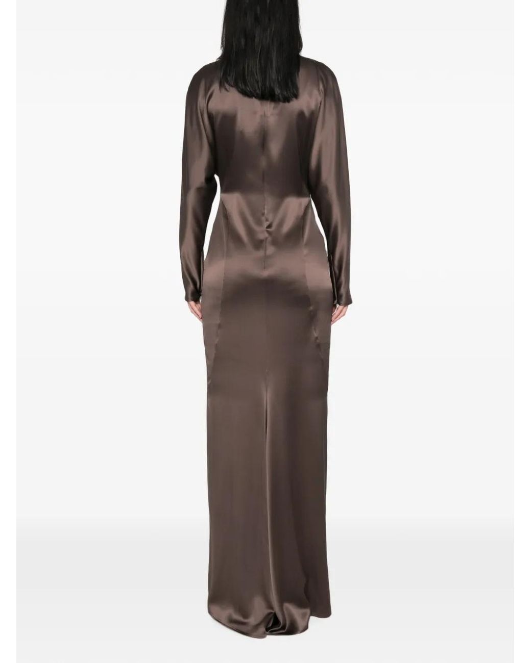 Max Mara Brown Satin High-Neck Maxi Dress