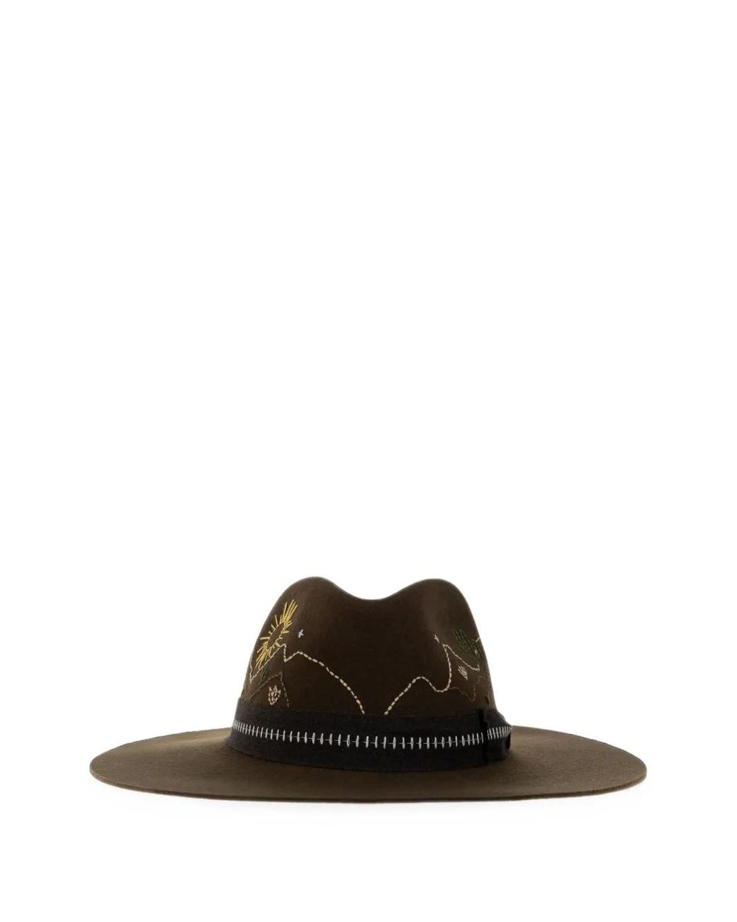 Golden Goose Deluxe Brand Brown Fedora Hat With Ribbon And Desert-Themed Embroidery