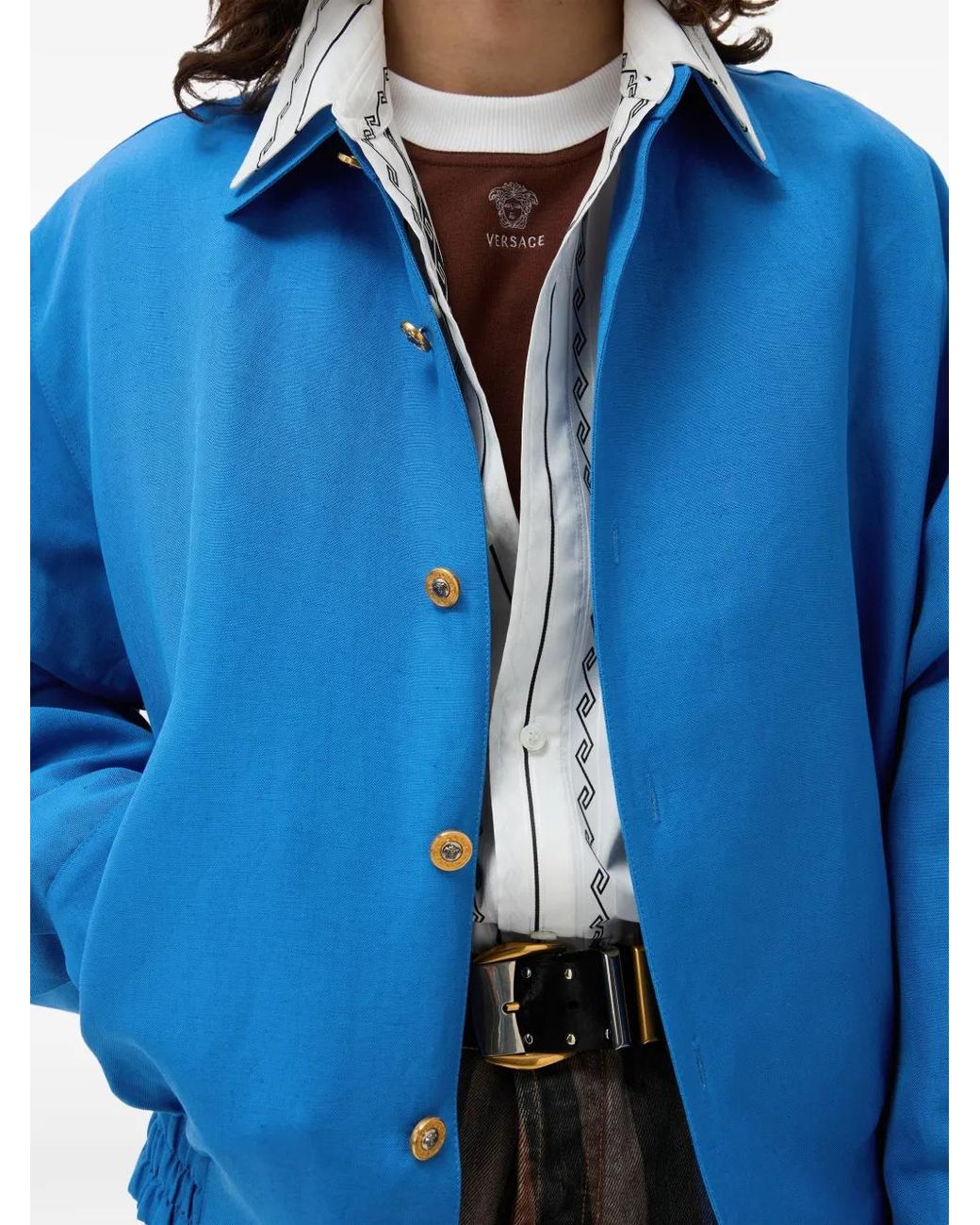 Versace Blue Logo-Button Blouson Jacket for men