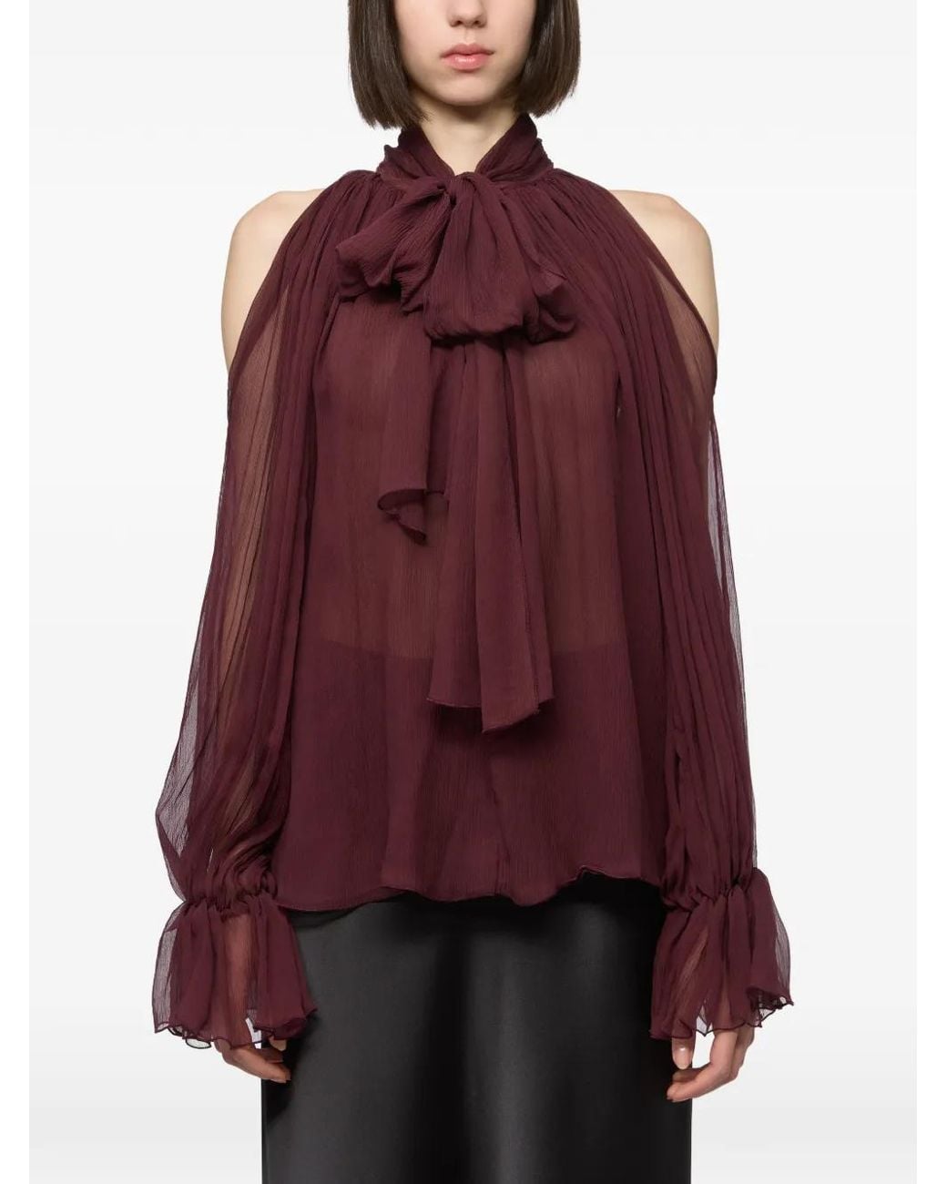 Atu Body Couture Red Cold-Shoulder Silk-Chiffon Blouse