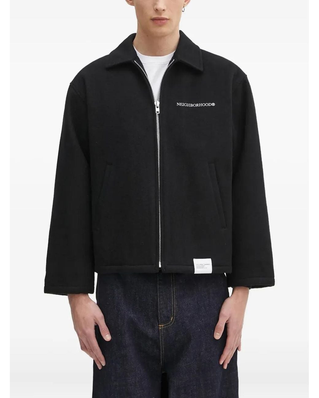 Neighborhood Black Melton Logo-Emblem Zip-Up Shirt Jacket for men