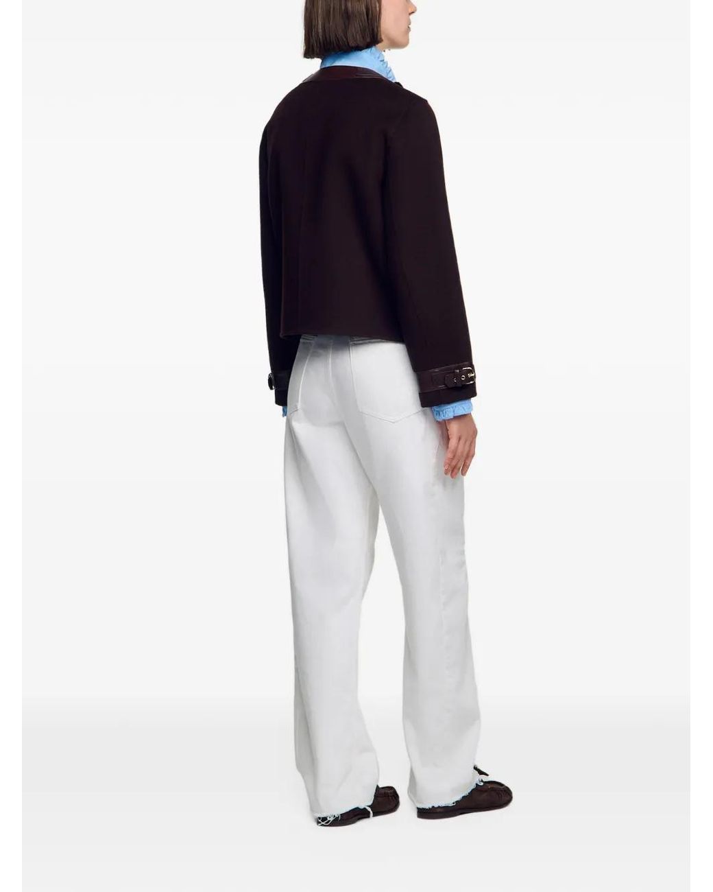 Sandro Black Short Coat With Leather Details