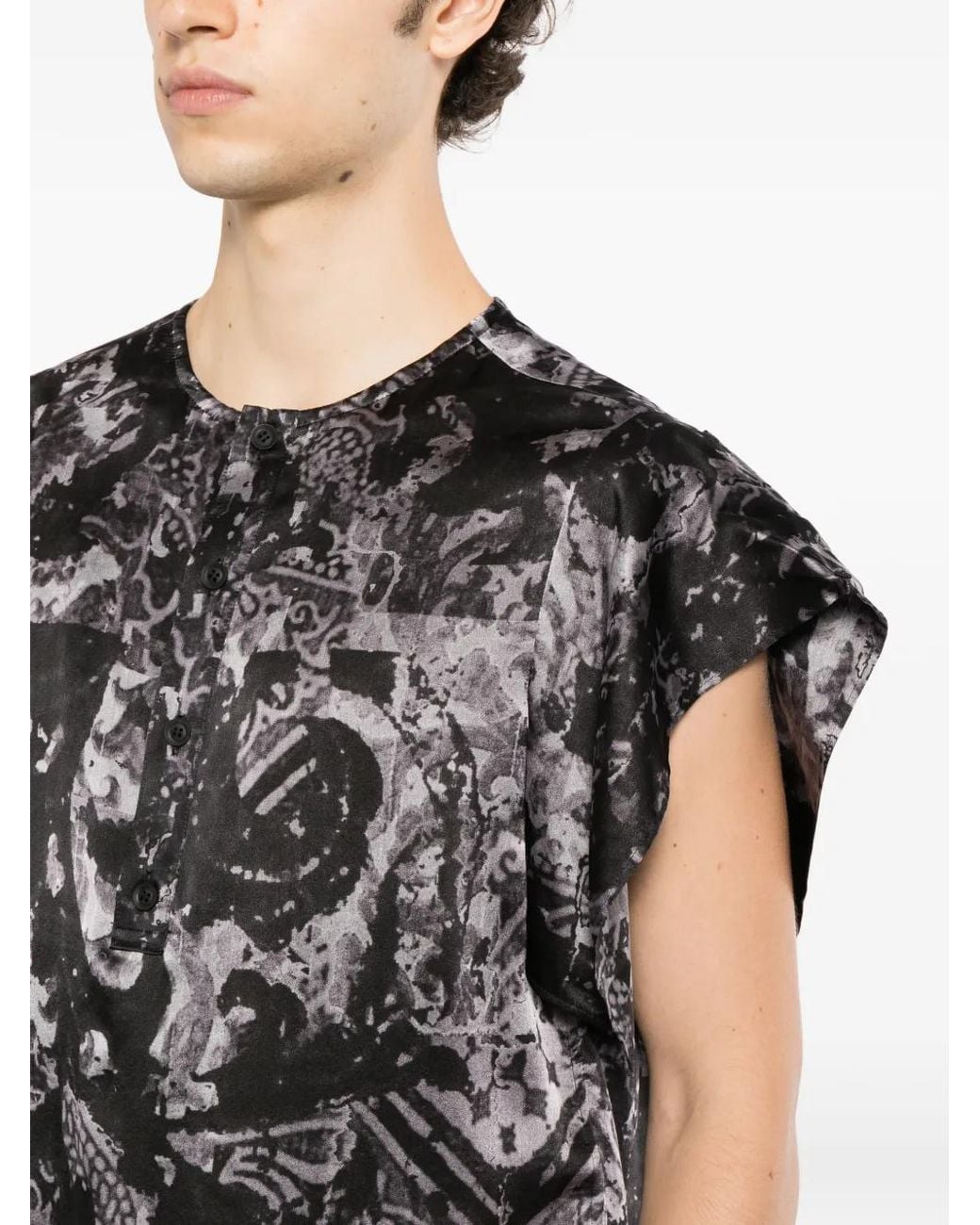 Yohji Yamamoto Gray Sea-Print Short-Sleeve Placket Shirt for men