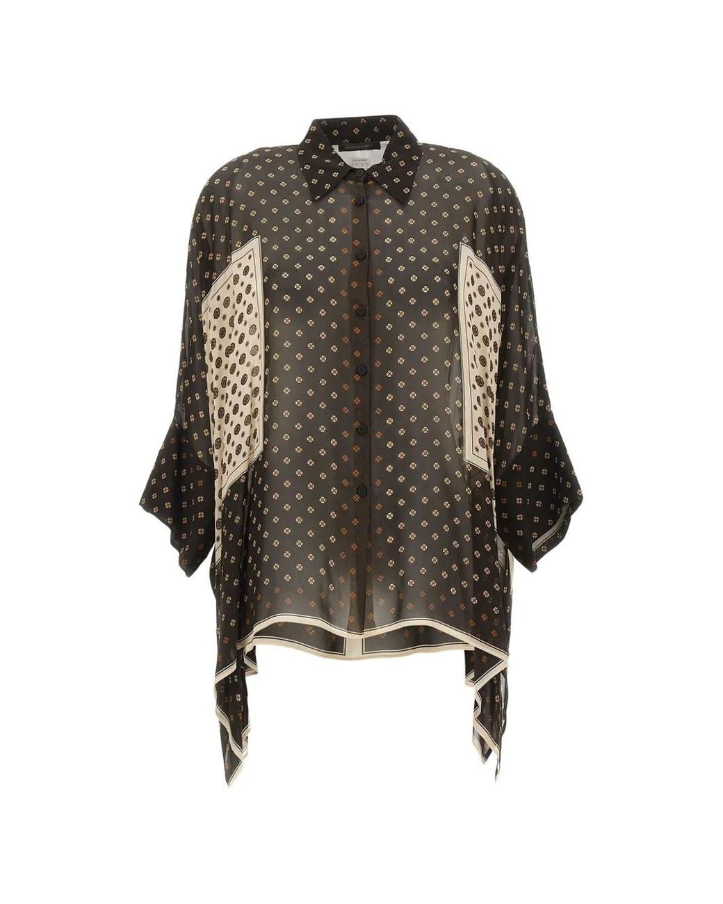 Elena Miro Black Asymmetric-Hem Placement-Print Shirt