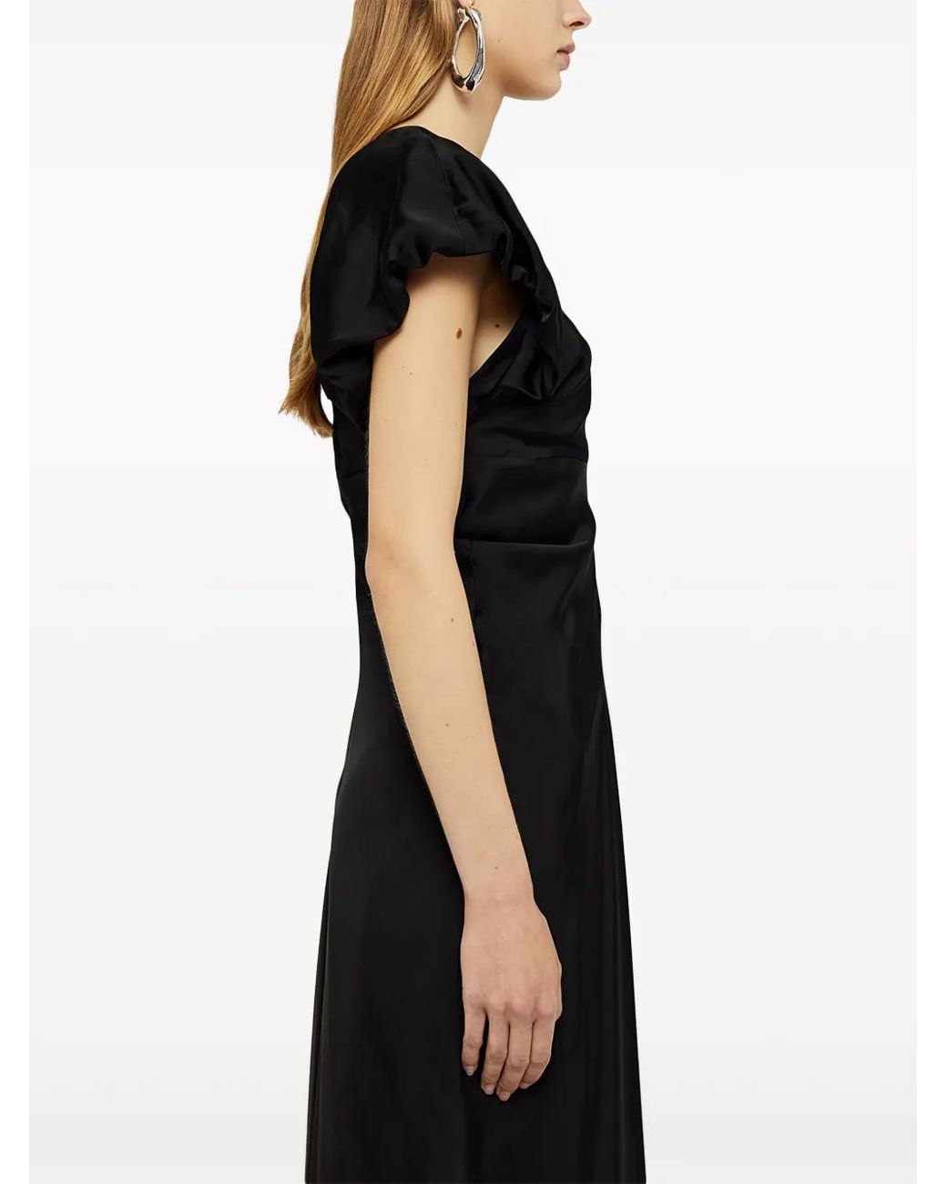 Jil Sander Black Gathered-Detail Satin-Finish Gown