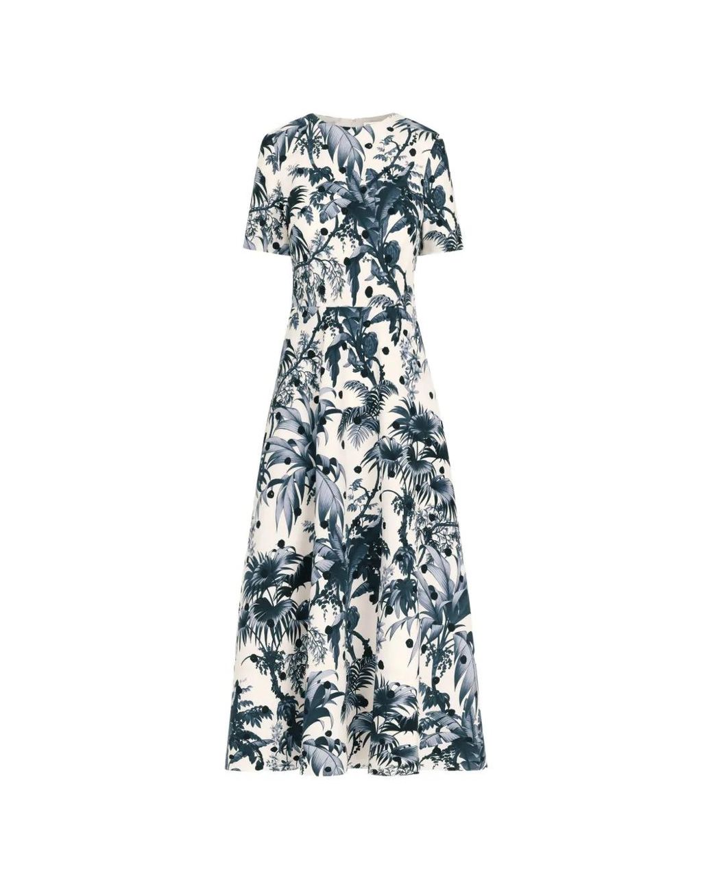 Oscar de la Renta White Dotted Palm Leaves Cotton Poplin Short-Sleeve Dress