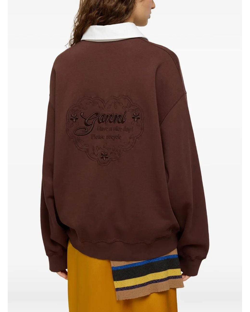 Ganni Brown Polo Shirt With Heart Embroidery