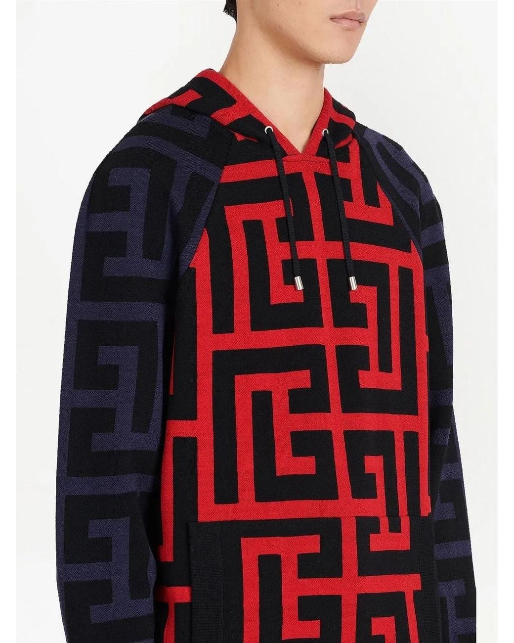 Balmain Red Monogram-Print Drawstring Hoodie for men
