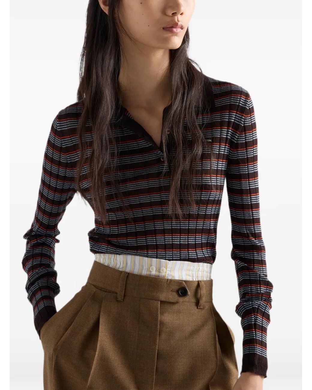 Prada Black Striped Cashmere And Silk Polo Shirt