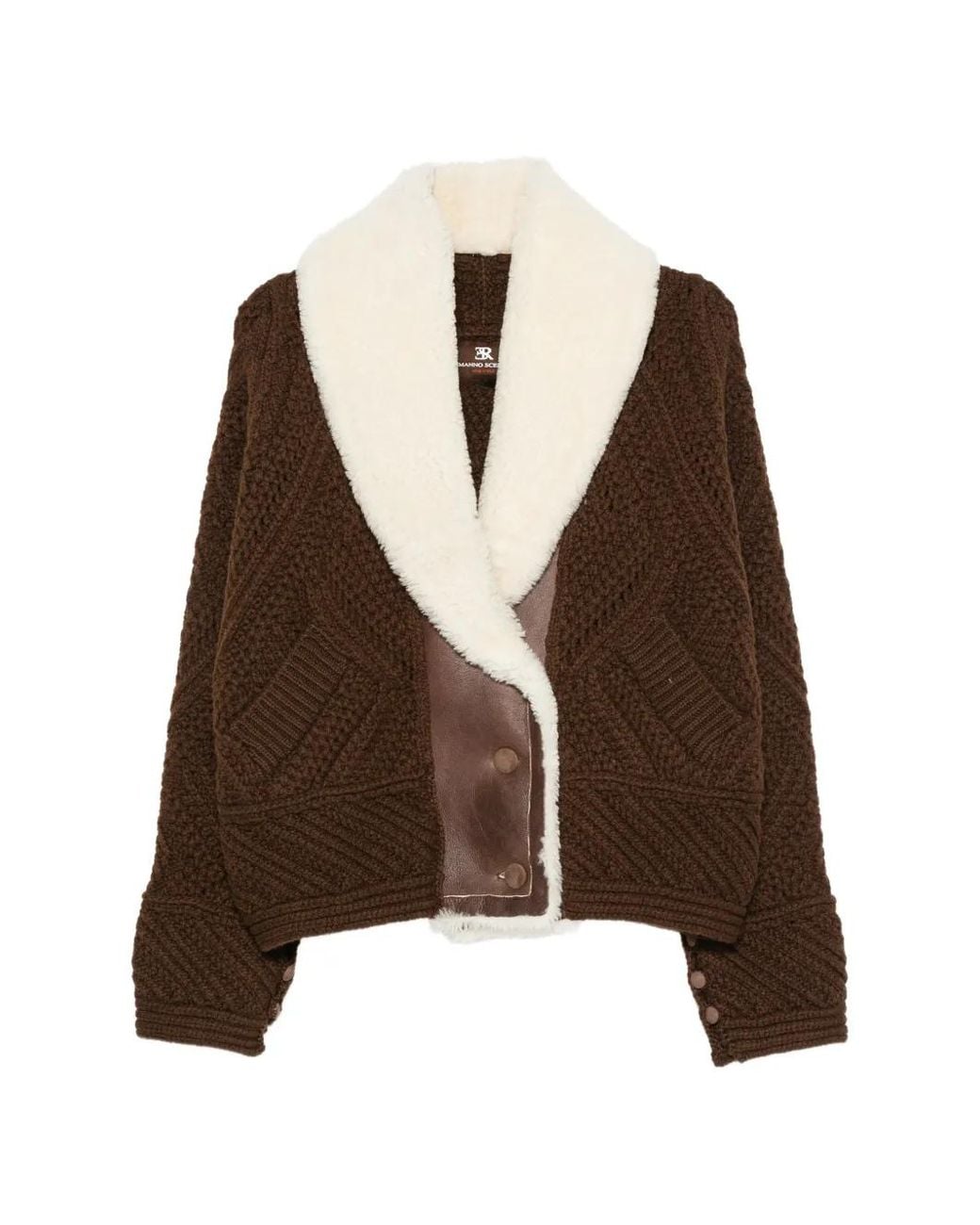 Ermanno Scervino Brown Shearling-Trim Chunky-Knit Jacket