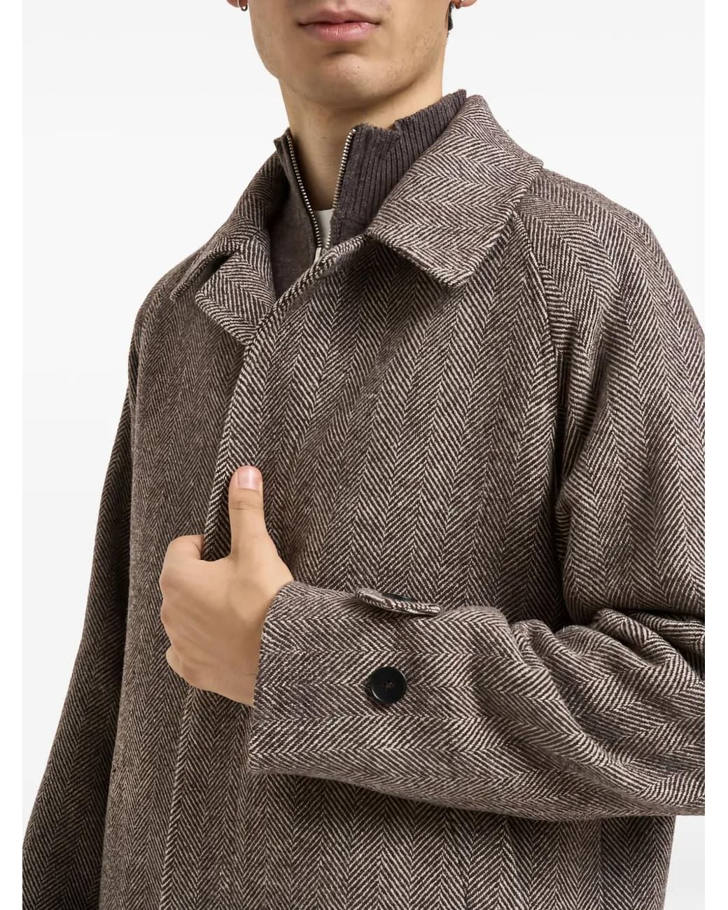 BRERAS Milano Brown Herringbone-Pattern Single-Breasted Coat for men