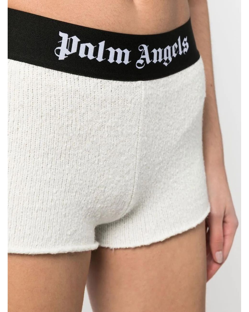 Palm Angels White Logo-Waistband Bouclé Knitted Shorts