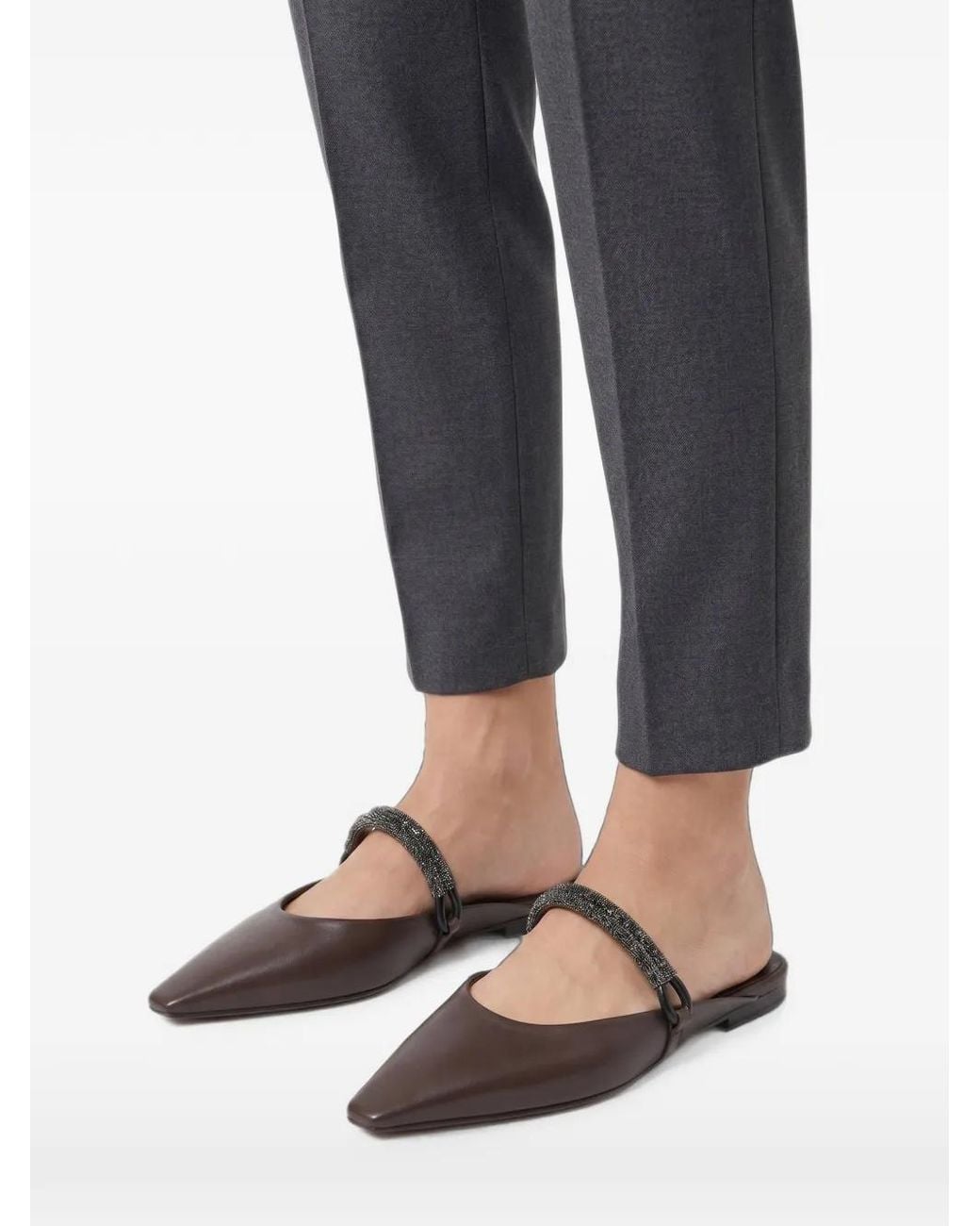 Brunello Cucinelli White Beaded-Strap Pointed-Toe Flat Mules