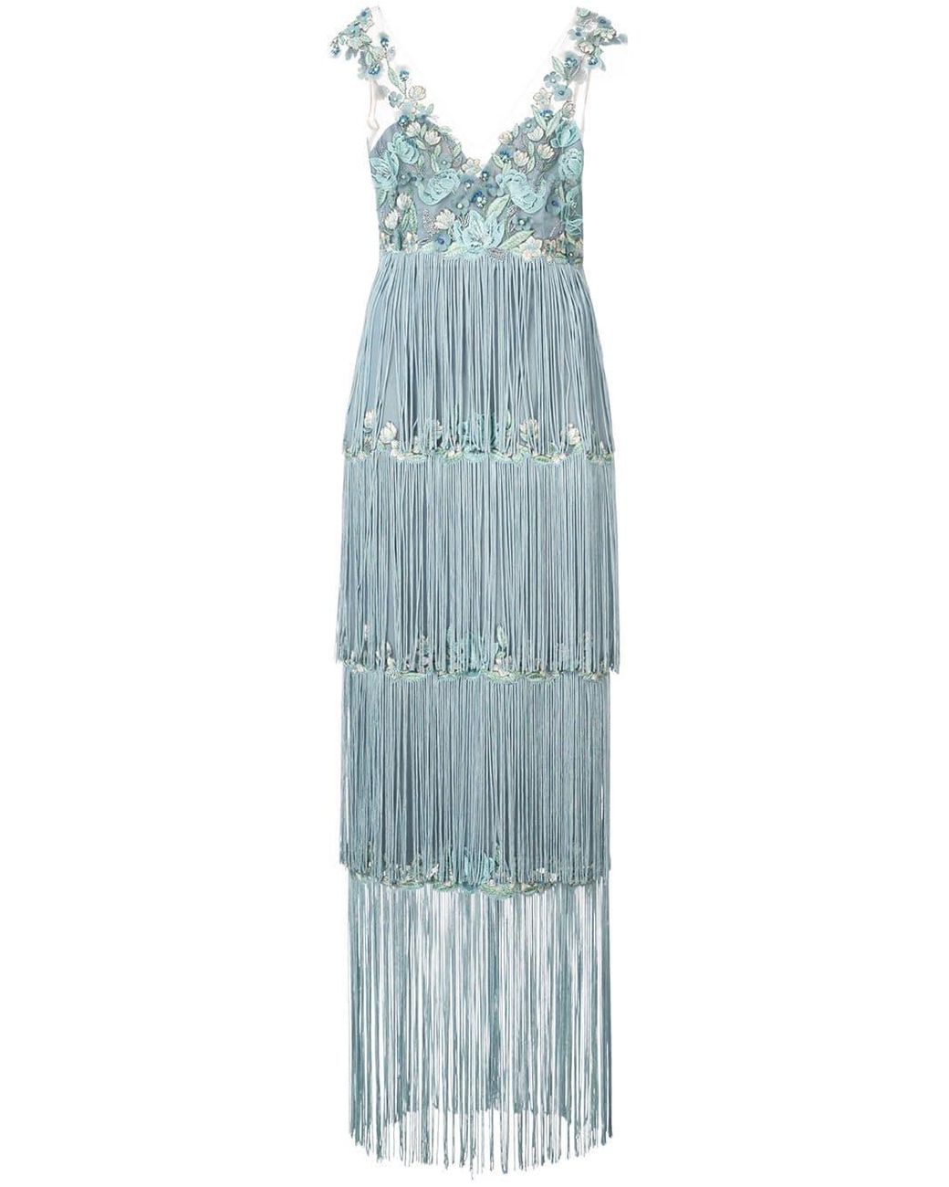 Marchesa notte Embroidered Fringe Dress in Blue | Lyst