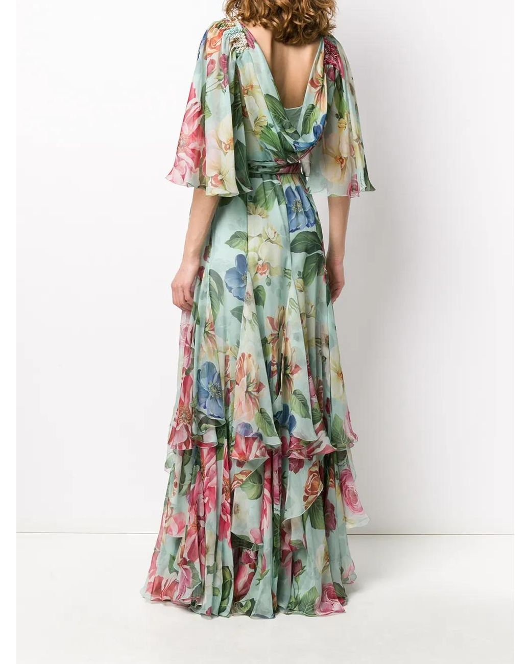 Dolce & Gabbana Green Floral Print Draped Neck Dress