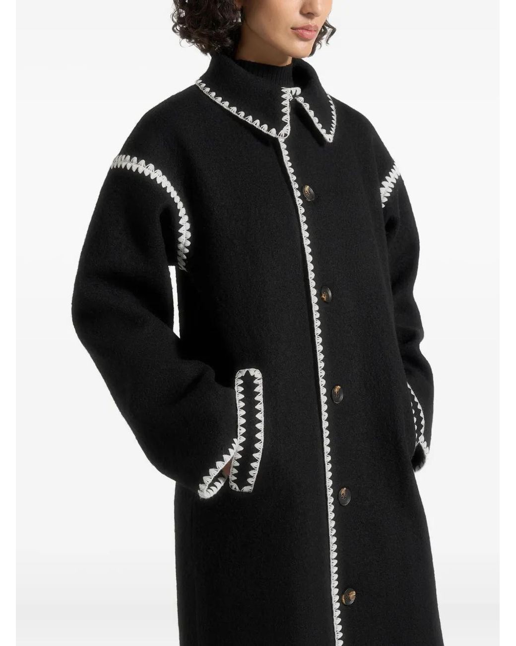 Manière De Voir Black Elora Blanket-Stitch Belted Coat