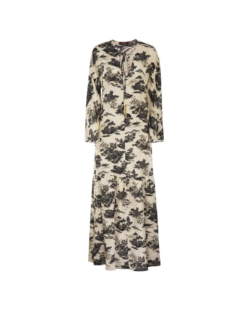 Max Mara White Landscape-Print Drawstring Maxi Dress