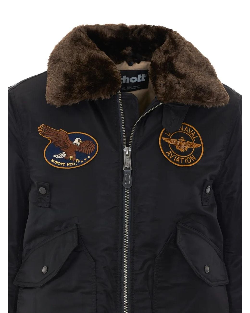 Schott Nyc Black Airston Faux-Fur Logo-Patch Down Jacket for men
