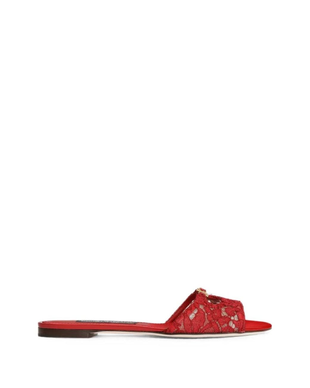 Dolce & Gabbana Red Lace Flat Slides