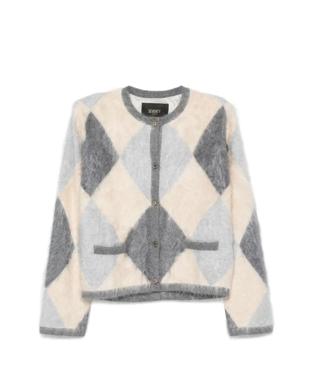 Seventy White Argyle-Knit Brushed Cardigan