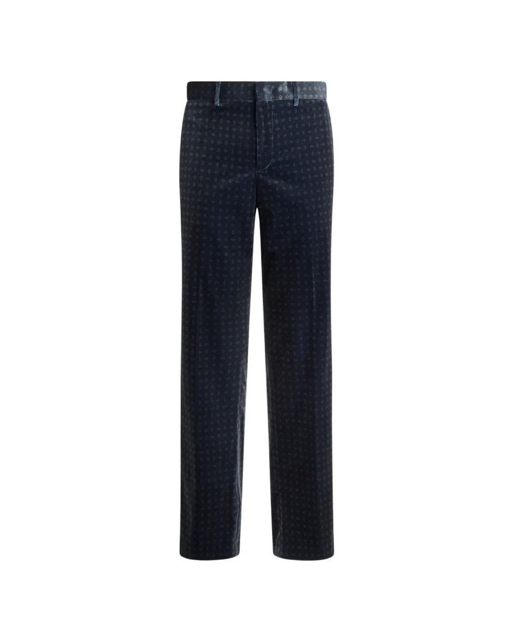 Etro Blue Straight-Leg Cotton Velvet Trousers With Tie Motif for men
