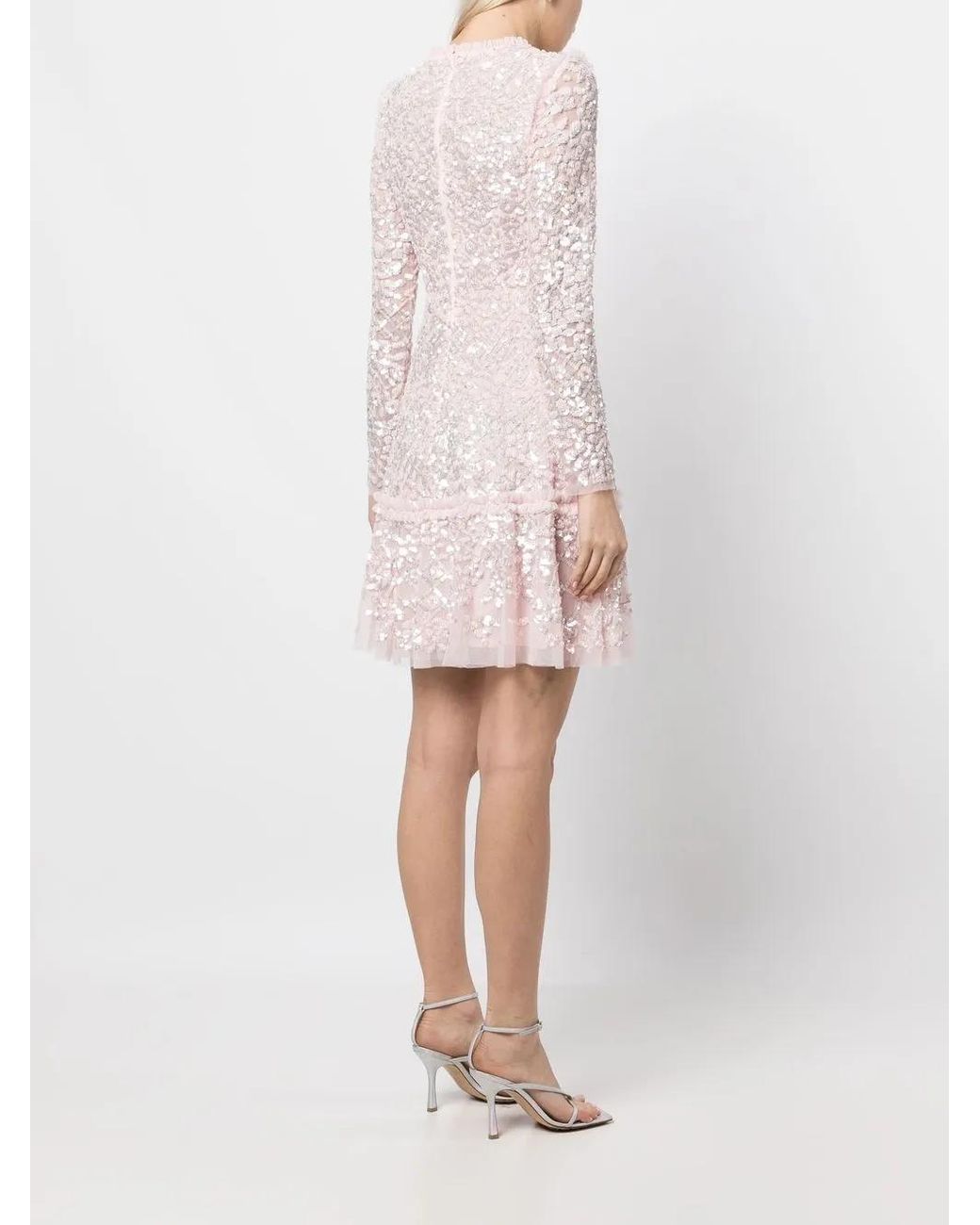 Needle & Thread Pink Sequinned Long-Sleeve Skater Dress