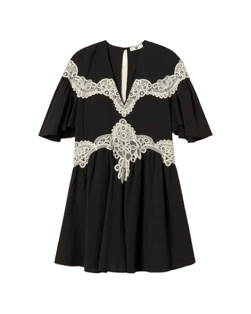 Twinset Black Short Muslin Dress With Macramé
