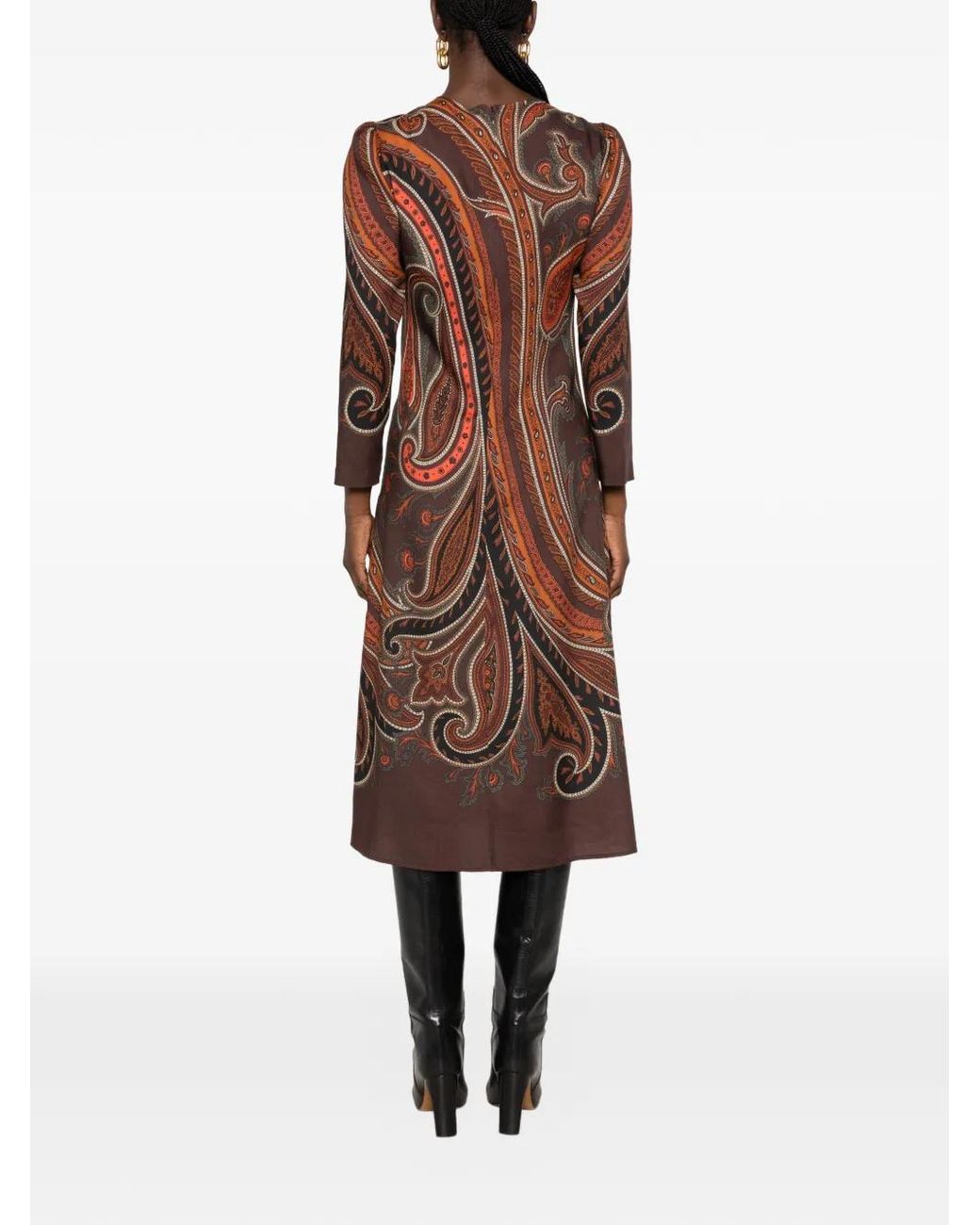 Etro Brown Paisley-Print Long-Sleeve Dress
