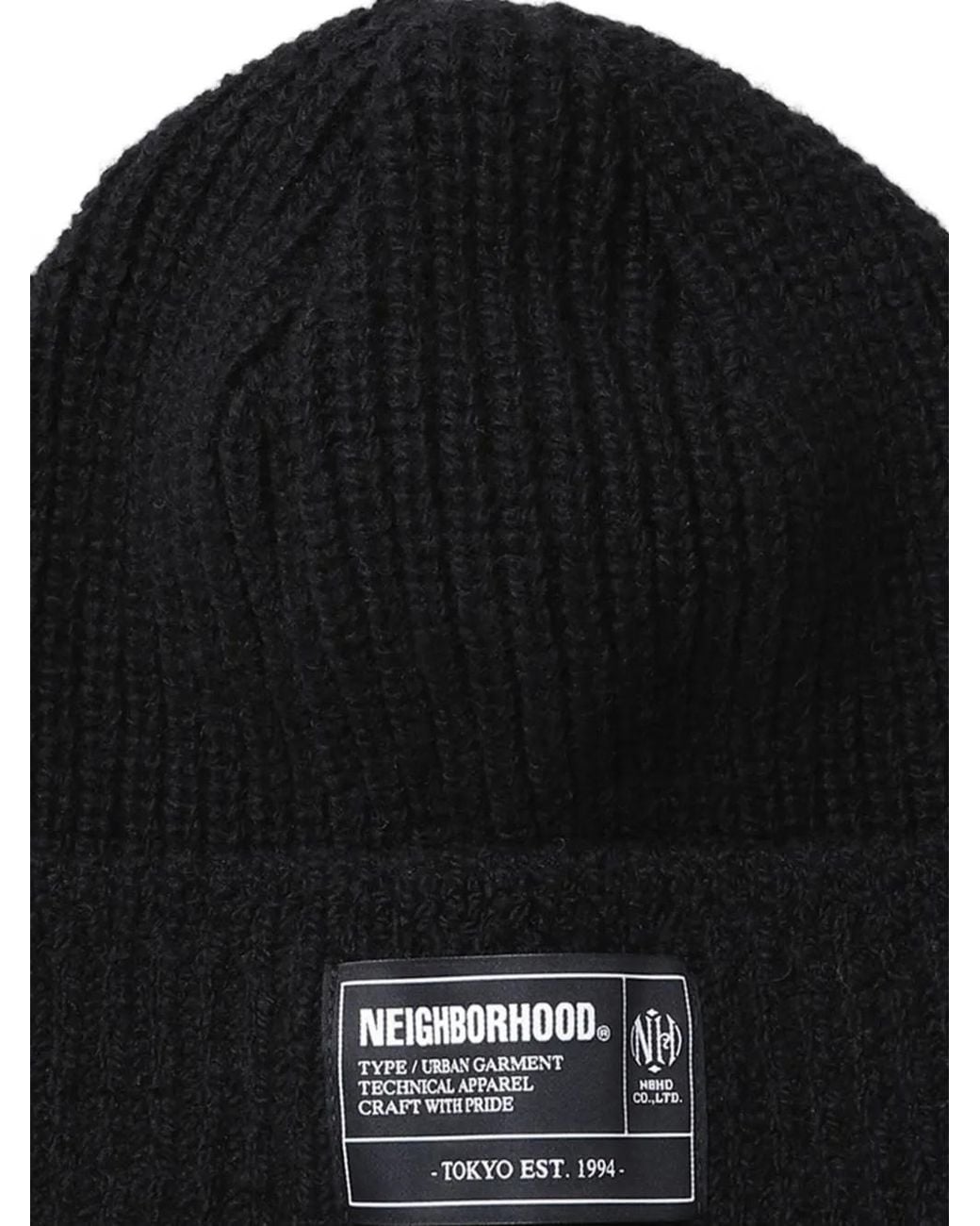Neighborhood Black Ribbed Label Beanie Hat for men