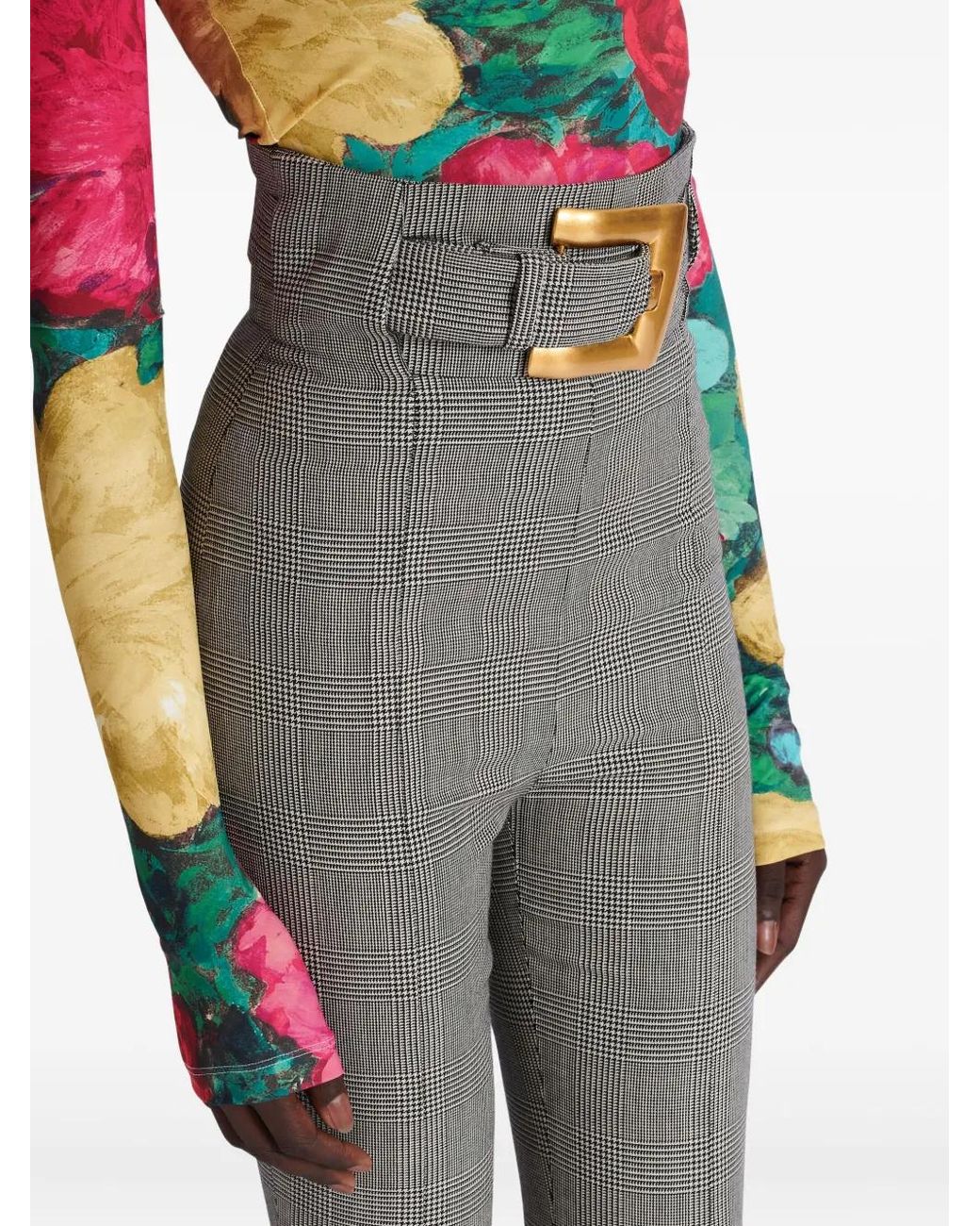 Balmain Gray Check-Pattern Belted Trousers