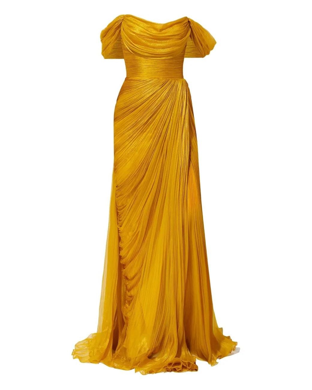 IRIS SERBAN Yellow Pleated Off-Shoulder Dress