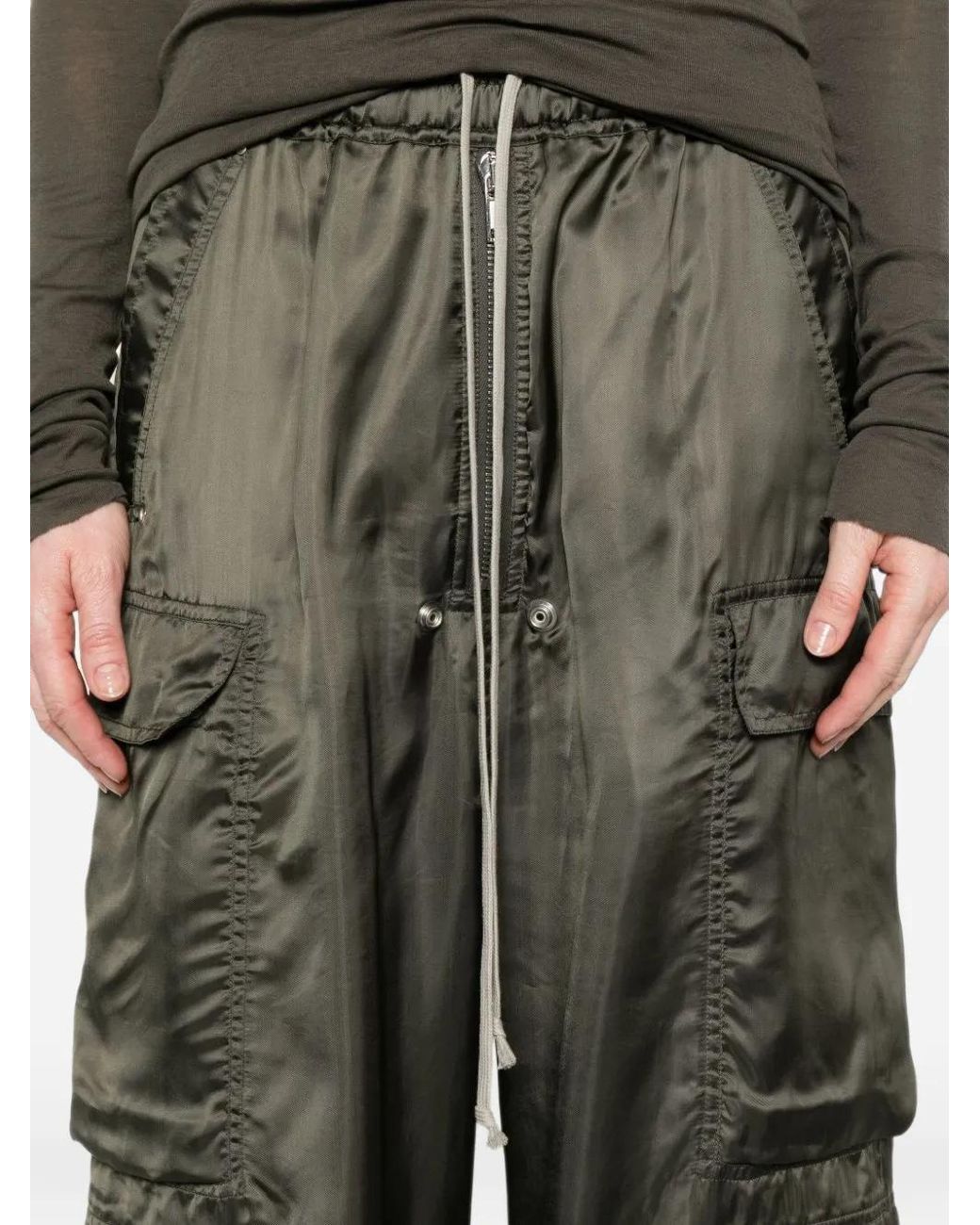 Rick Owens Green Pantalon Satiné À Poches Cargo Et Lien De Resserrage