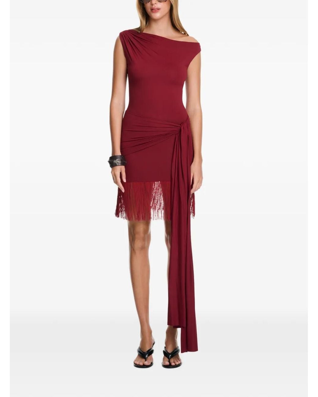 Axel 113 Red Tina Fringed-Hem Draped Fitted Mini Dress