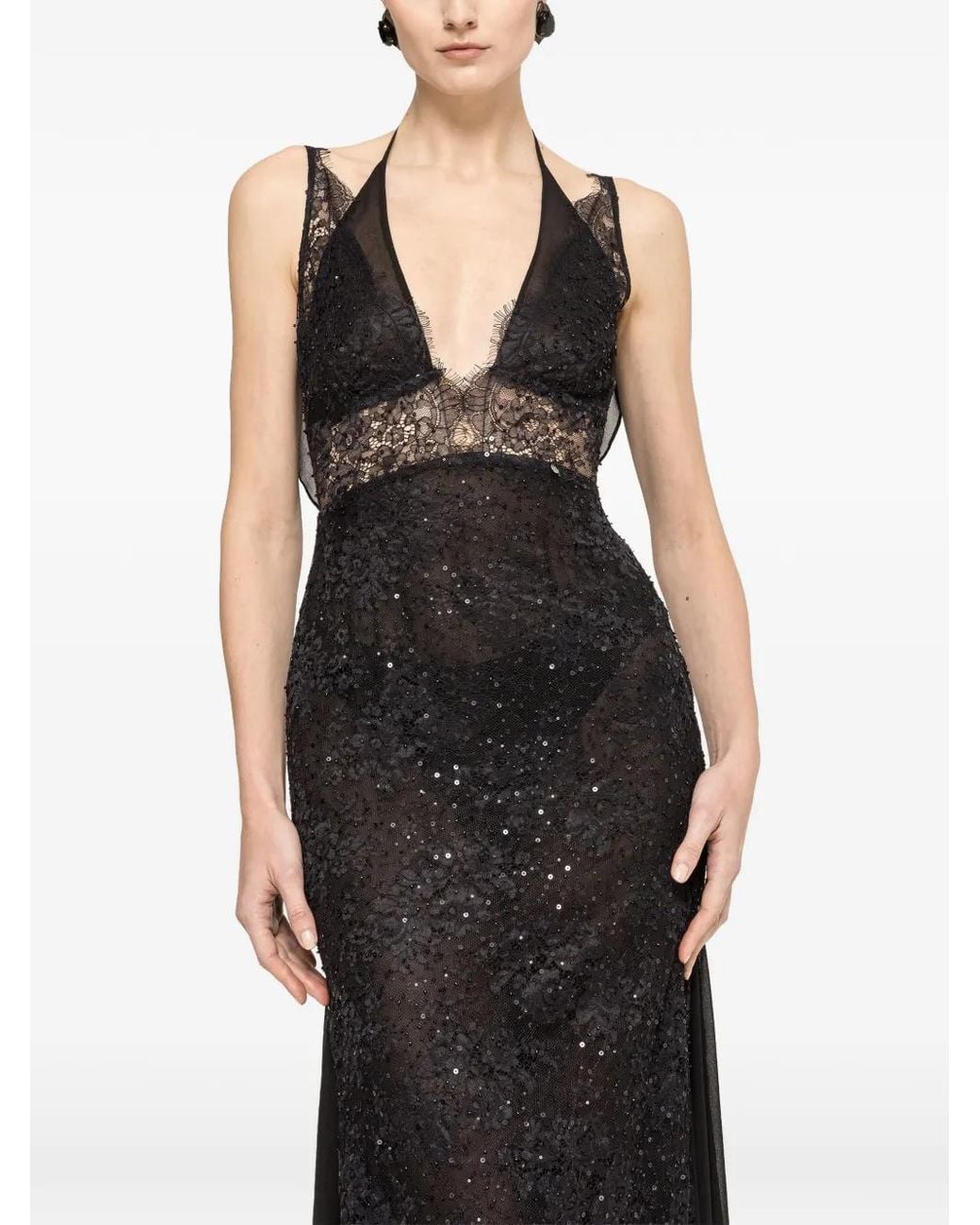 Nissa Black Beaded Lace Maxi Dress