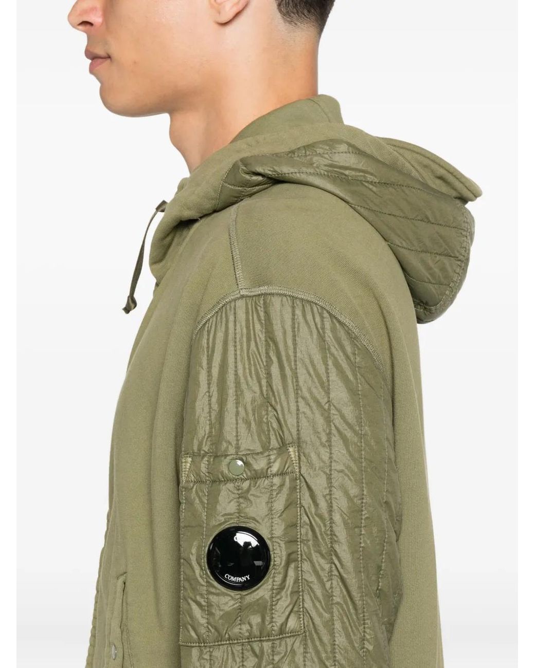 C P Company Green Quilted-Sleeve Hooded Zip-Up Jacket for men