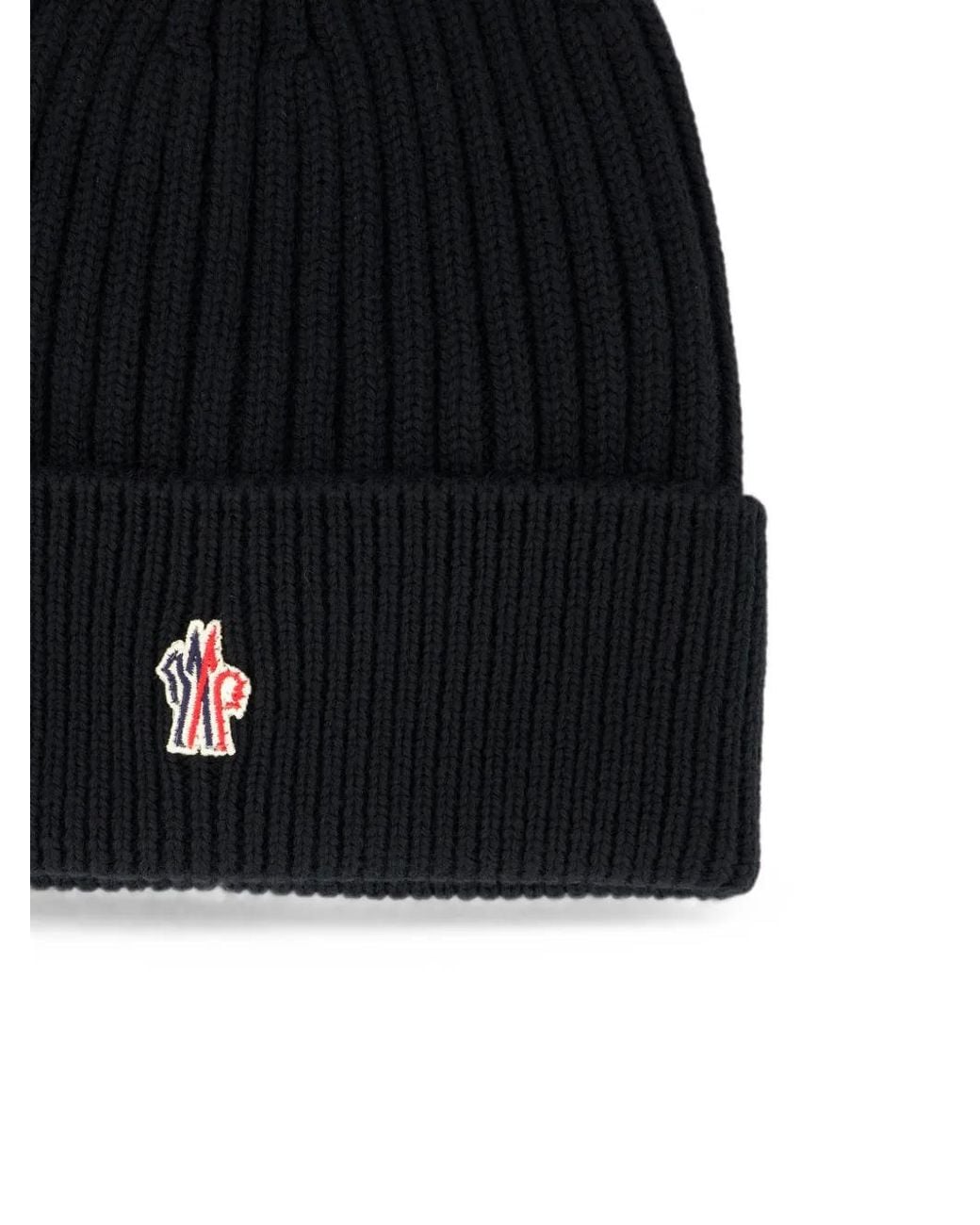 Moncler Black Logo-Patch Ribbed-Knit Beanie Hat for men