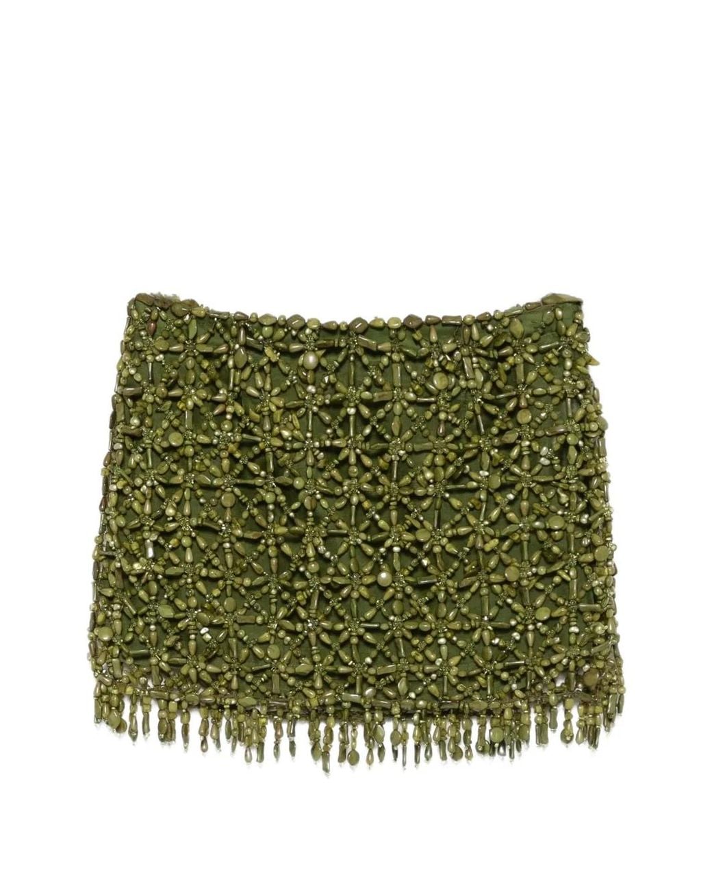 Cult Gaia Green Bead-Embellished Fringed Mini Skirt